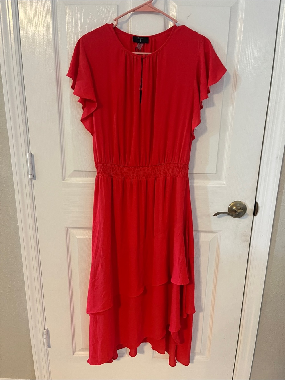 Tahari Red High-Low Flutter Sleeve Dress